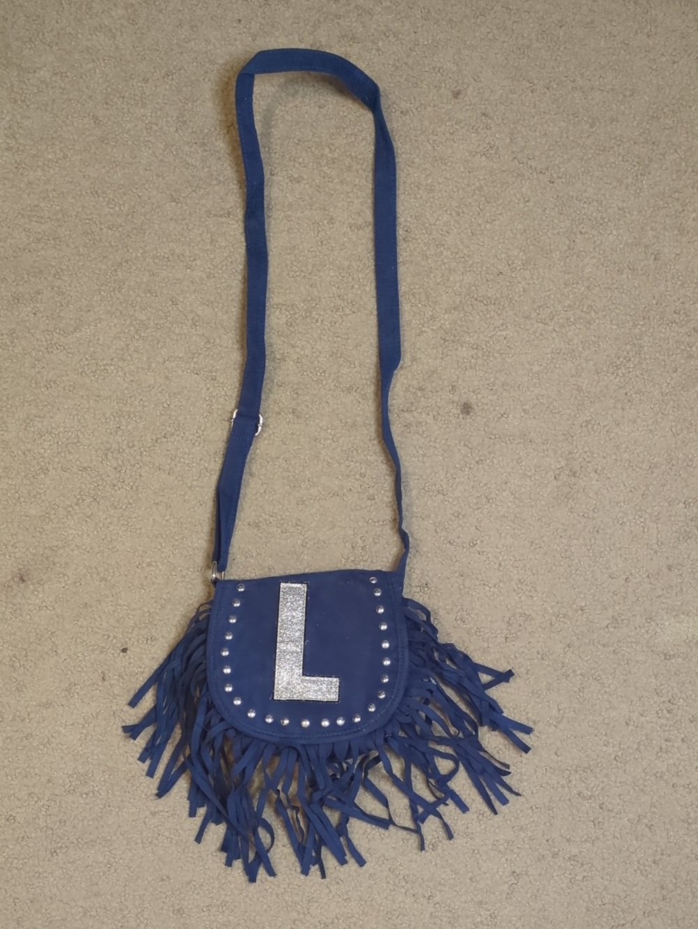 Blue Fringe Crossbody Bag with Silver 'L' Accent